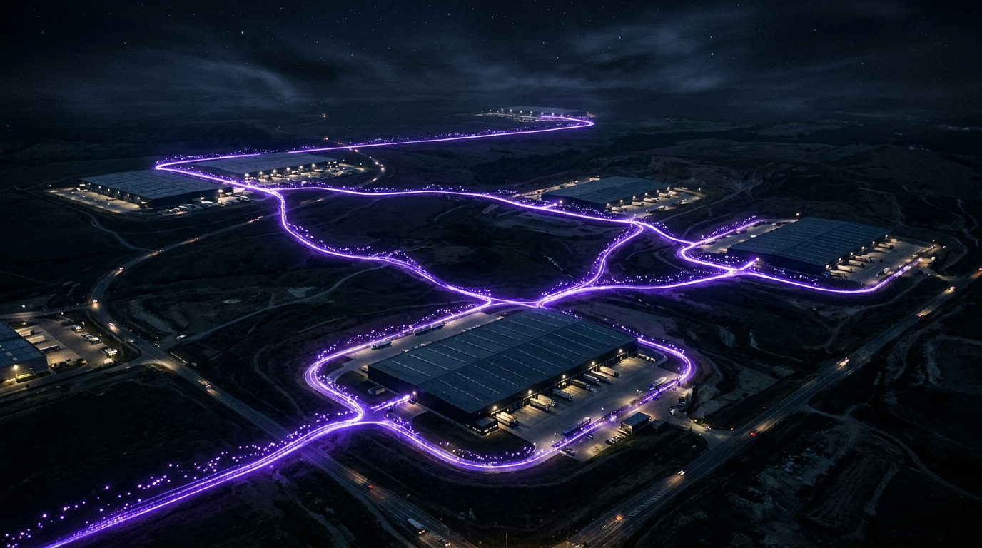Réseau d'entrepôts reliés par des flux de lumière violette